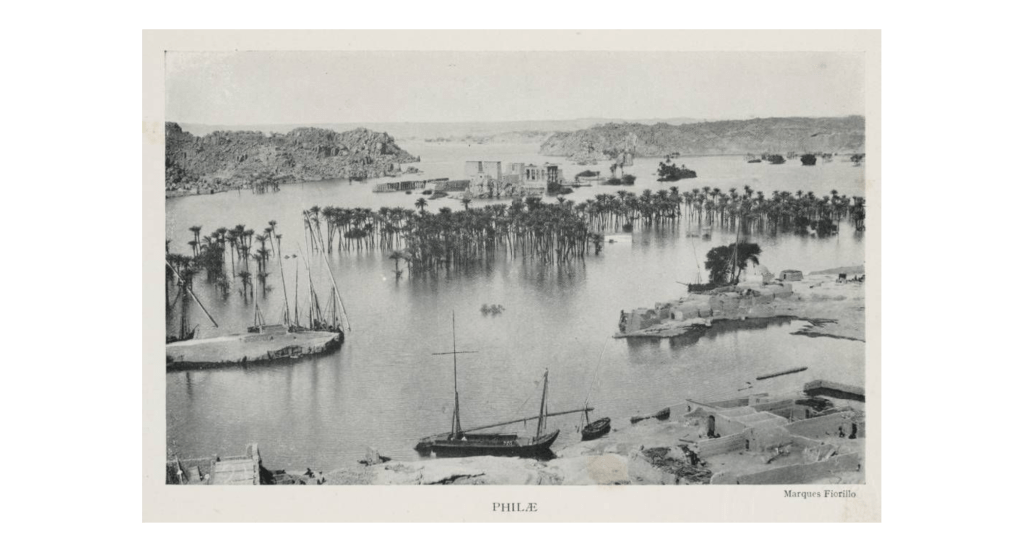 Black and White photograph of the flooded temple of Isis complex