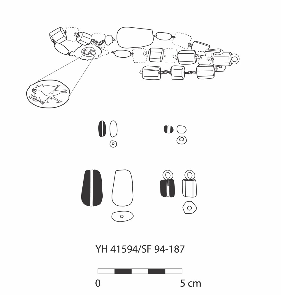 Line drawing of the ornamental jewellery around the ankle. THe jewellery consists of several small beads, one of which bears the image of a bird carrying a branch in its foot. 