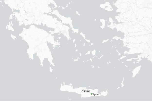 A map of the Aegean with Crete noted in black text and the city of Aphrati indicated by a green circle