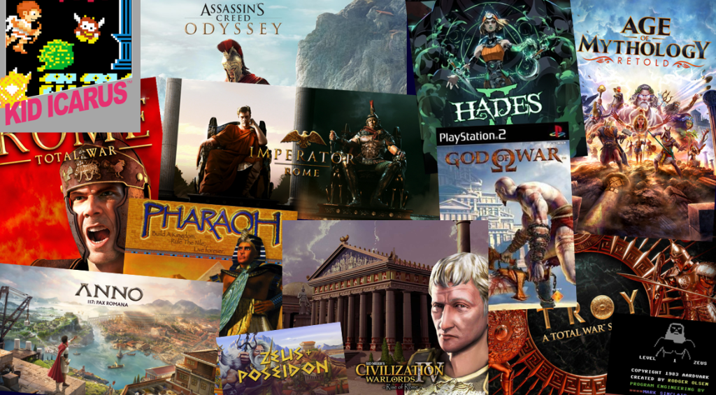 A collage of the title screens of various video games relating to the ancient world.