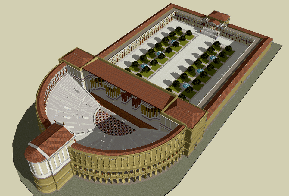 3D reconstruction of an ancient Greek theatre and its associated gardens, the latter of which are surrounded by a portico.