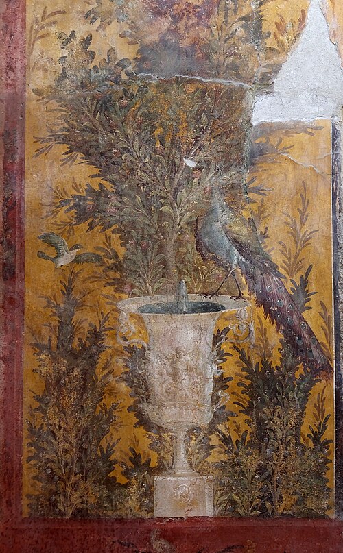 A painting of a garden scene with a fountain in the foreground, on top of which sits a peacock.