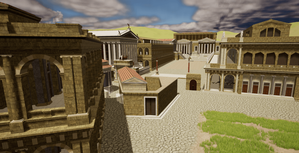 Screenshot of the Roman Forum, which includes several large buildings and a temple in the background.