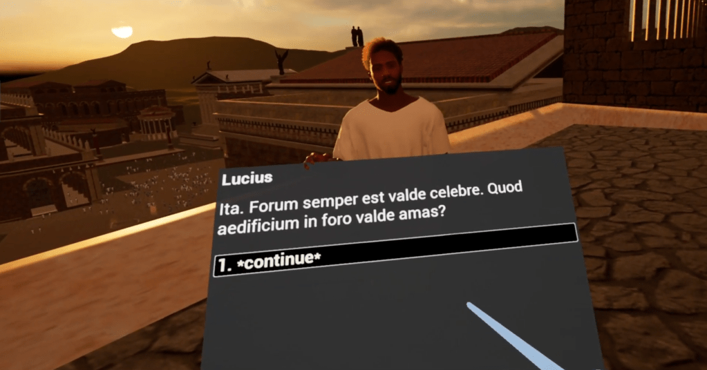 A screenshot which has a dialogue box in front of a character. It reads: Ita. Forum semper est valde celebre. Quod aedificium in foro valde amas?