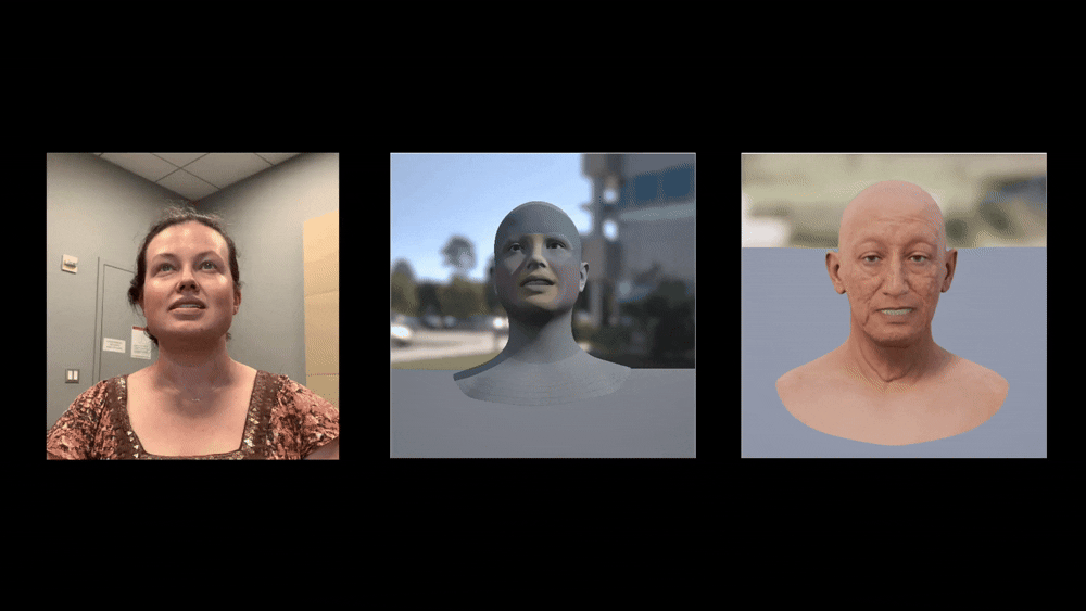 A gif that shows three different stages of creating a gif: human, robot, animated Roman man, particularly focusing on the movement of the face as the person speaks.