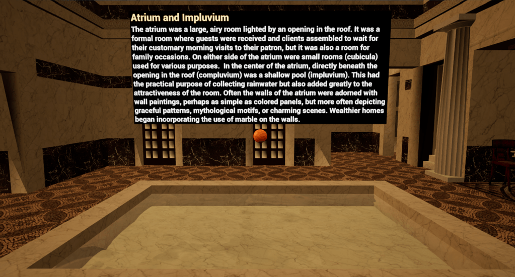 Screenshot of a room and a content box that explains the importance of the atrium and impluvium.