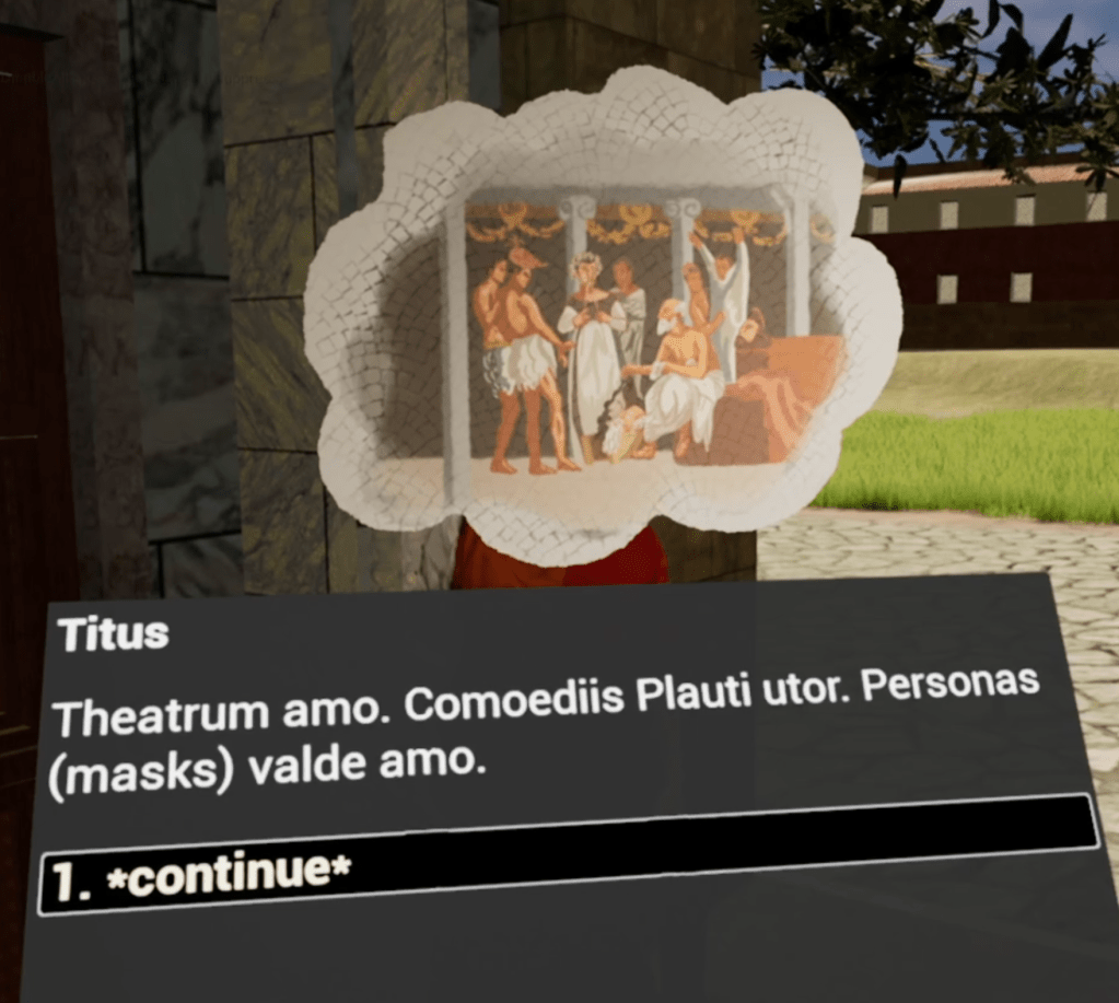 A screenshot of a hand-drawn animation within the game with an image and a Latin text that explain the events of the Floralia.