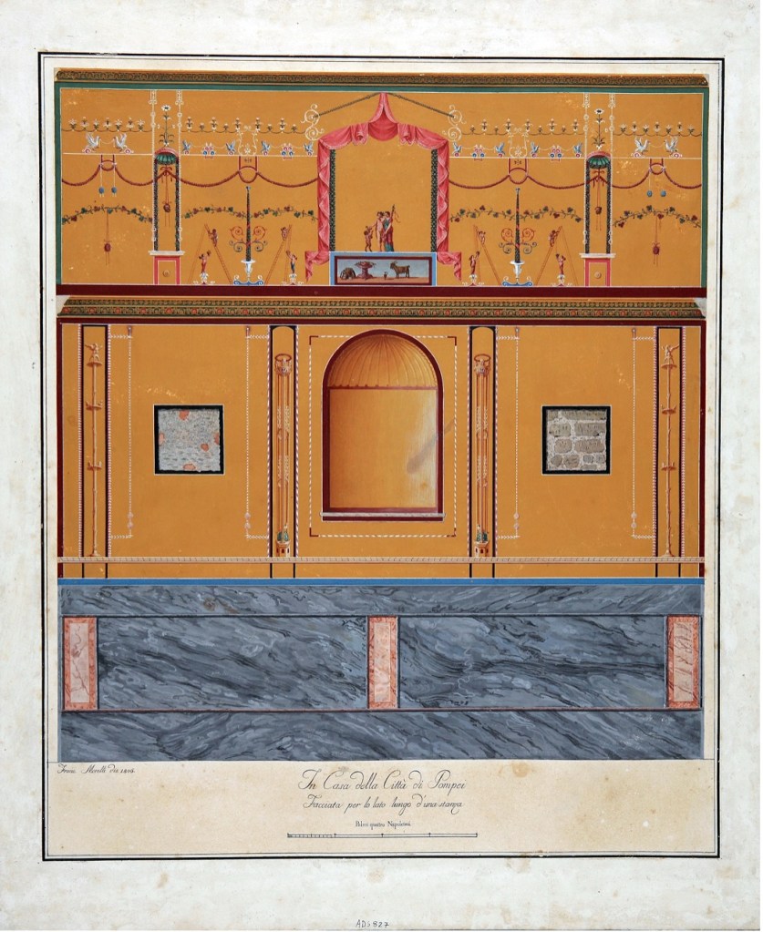 A painting that depicts the decoration of the south wall of a room in a villa at Pompeii. The walls are orange and the upper tier of the room bears depictions of several diminutive columns and garlands, flanking a central figural scene.