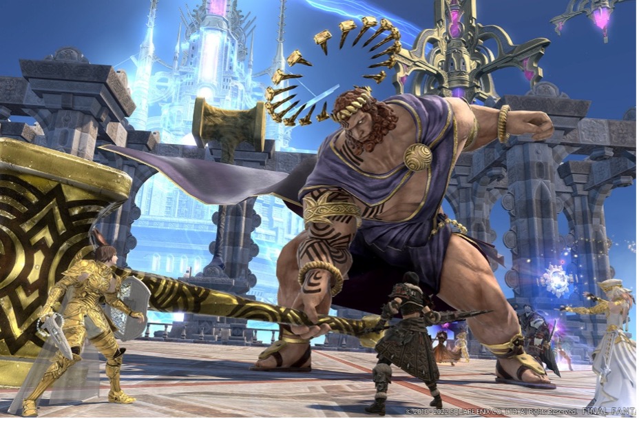 A large animated gof towers above a set of three smaller figures in a game, as he yields a massive mallet.