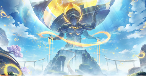 A giant Greek god-inspired character emerges from a mountain with a chain of yellow light encircling his body.