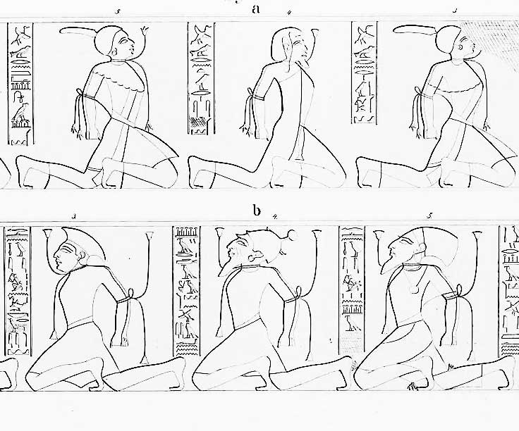 Drawing of an Egyptian relief from Medinet Habut. There are two registers,e each with three kneeling captives and a set of hieroglyphics at the back of each. In the top register, the captives face the right, and in the bottom register the captives face to the left.