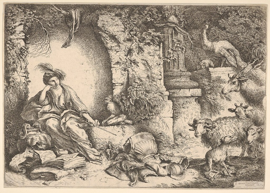 Black and white engraving showing Circe as a draped woman sitting in a doorway to the left surrounded by marble columns to the right and various beasts: deer, sheet, cow, dog, and peacock. Open books and broken urns lie in front of her.