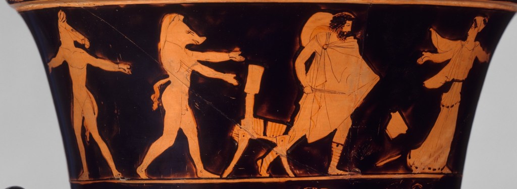A close up of the upper register of a calyx-krater, which depicts four figures: at right, a woman runs and looks back over her shoulder at a man who pursues her with a sword drawn. Behind the man is a chair and two men with human bodies and animal heads.