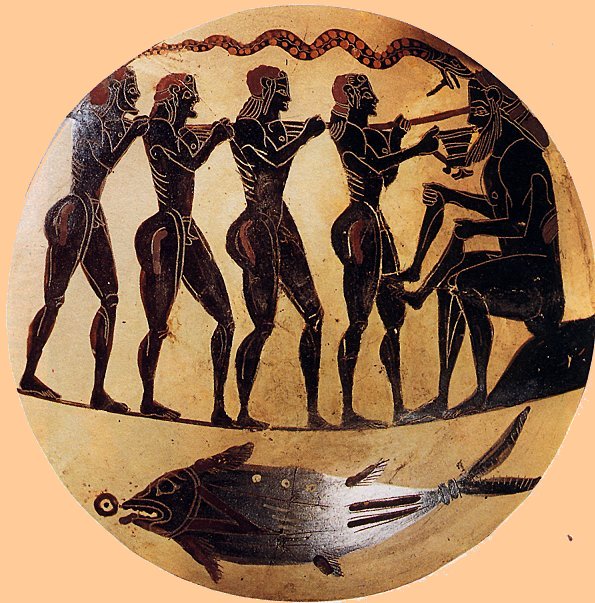 An image done in black figure in which four naked inviduals poke a spear through the eye of a cyclops.