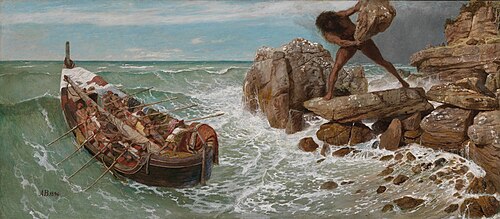 A painting od a ship approaching a rocky coastline on which a giant Cyclops appears to be about to launch a bolder at it.