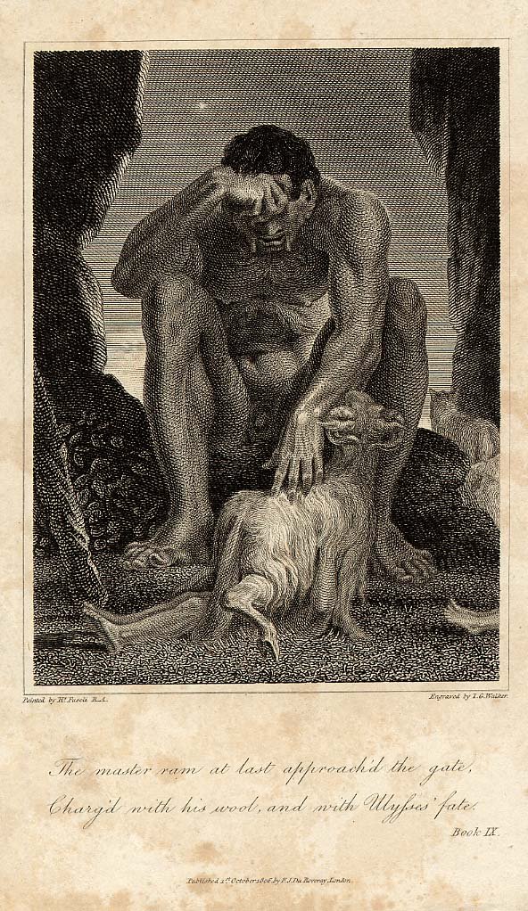 An image of the cyclops sitting down with his head in his right hand, while touching a sheep with his left.