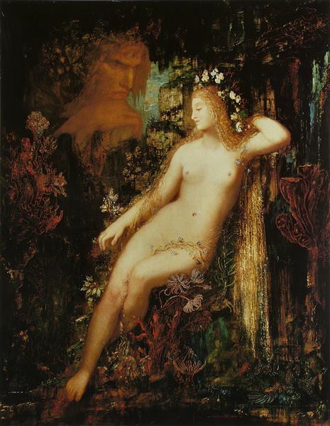 A naked woman leaning back on a tree, while a male creature looks at her on the left of the painting.