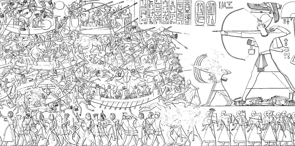 Drawing of relief from Medinet Habu, Egypt. All characters in profile. Ramses III stands as a large figure to right, striding and about to release an arrow from a bow, with a smaller figure doing the same in front of him. Dead warriors are beneath his feat and foot soldiers march below. To the left, taking p 2/3s of the composition, is a huge group of boats filled with warriors, some fighting, and some dead, hanging over the railings. There are Egyptian hieroglyphics in the top centre of the image.