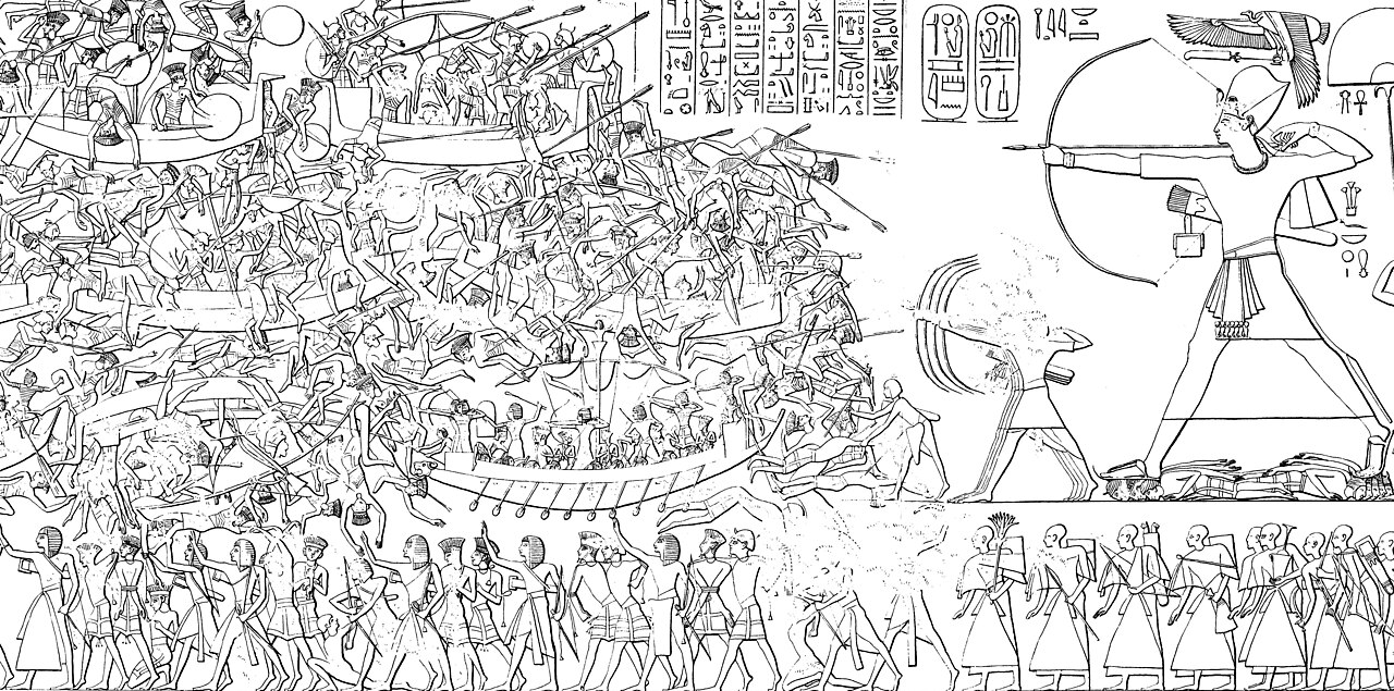 Drawing of relief from Medinet Habu, Egypt. All characters in profile. Ramses III stands as a large figure to right, striding and about to release an arrow from a bow, with a smaller figure doing the same in front of him. Dead warriors are beneath his feat and foot soldiers march below. To the left, taking p 2/3s of the composition, is a huge group of boats filled with warriors, some fighting, and some dead, hanging over the railings. There are Egyptian hieroglyphics in the top centre of the image.