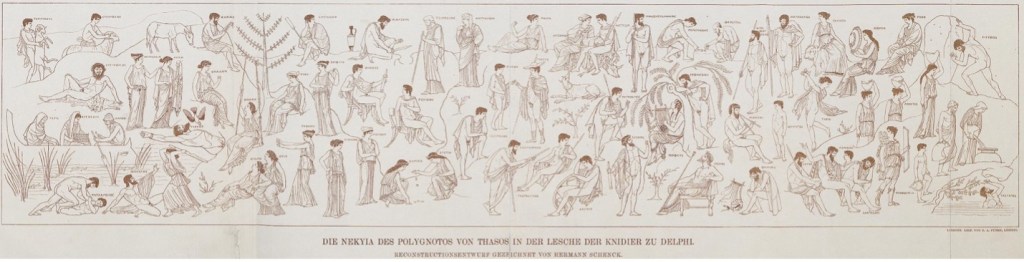 A line drawing of many individuals in various states of standing, sitting or lying. 