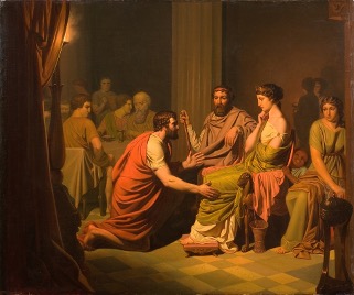 A painting in which a man kneels before a seated queen, who sits next to an enthroned king
